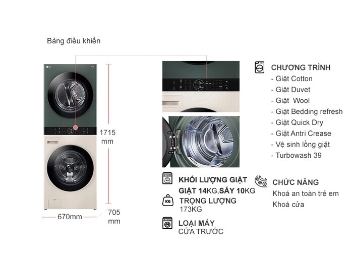 Tháp giặt sấy LG WashTower Inverter 14/10kg WT1410NHEG - Ảnh 2